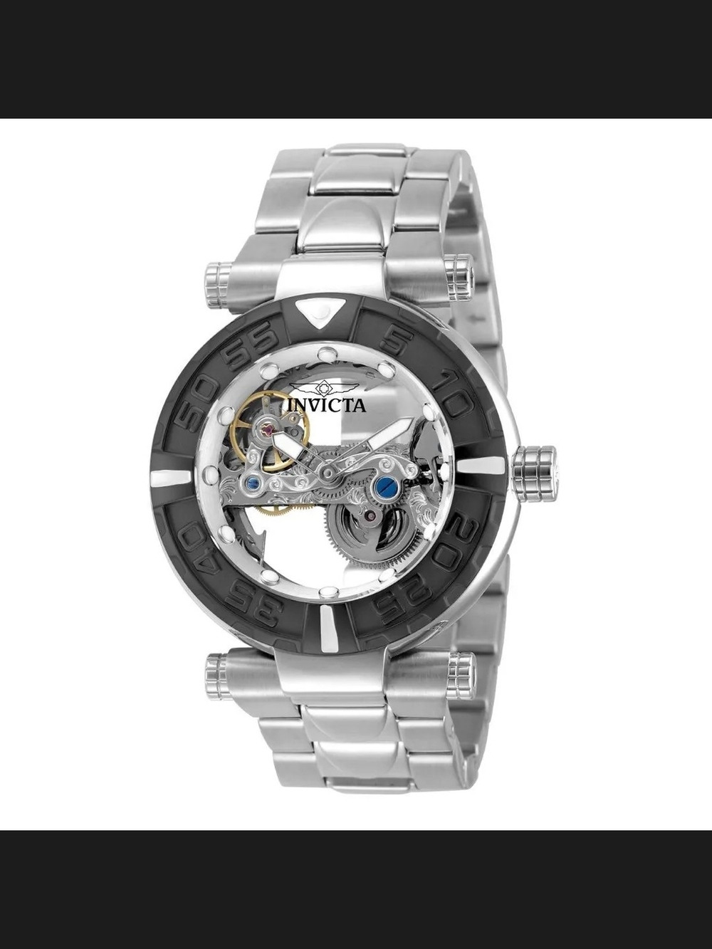 Invicta Silver Skeleton Automatic Watch with Black Bezel